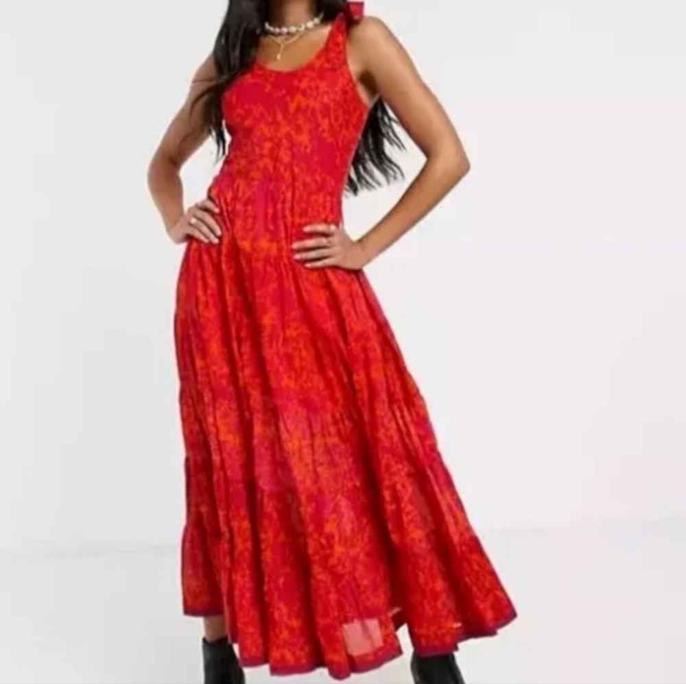 Free People Kikas Printed Midi Dress Cotton Ruffle Tiers Floral Sm Tangerine EUC - Picture 15 of 15